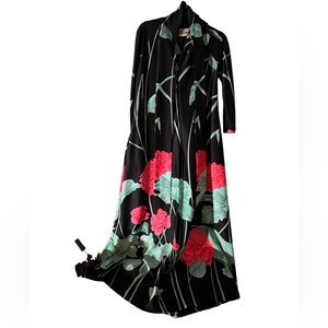 Vintage David Brown Black Floral Maxi Dress, Over sized, Attached Scarf. Size P